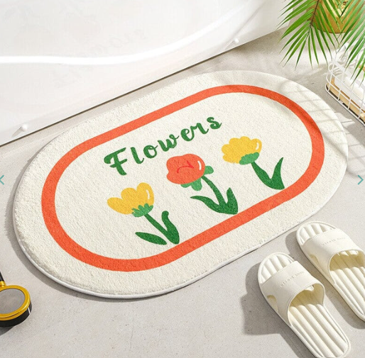 Enchanting Petal Paradise: Kawaii Floral Oval Bathroom Mat