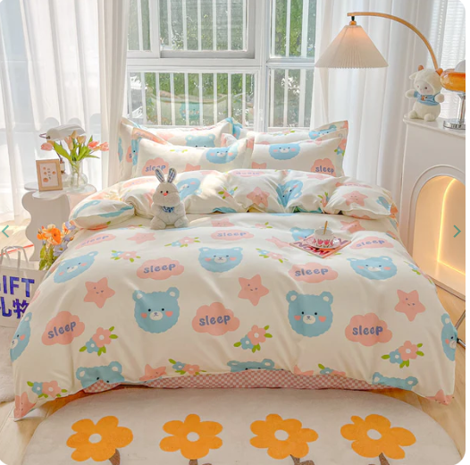 Bunny Bear Pink Yellow Blue Polyester Bedding Set