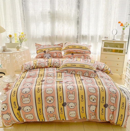 Bunny Bear Pink Yellow Blue Polyester Bedding Set