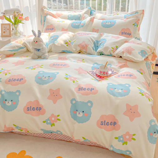 Bunny Bear Pink Yellow Blue Polyester Bedding Set