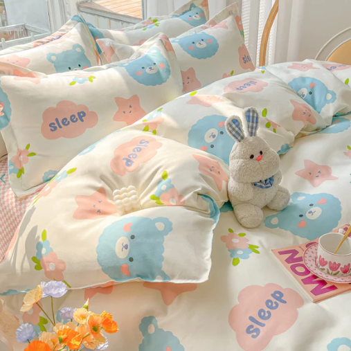 Bunny Bear Pink Yellow Blue Polyester Bedding Set