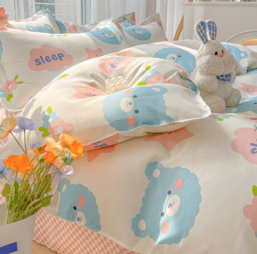 Bunny Bear Pink Yellow Blue Polyester Bedding Set