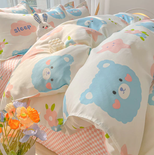 Bunny Bear Pink Yellow Blue Polyester Bedding Set