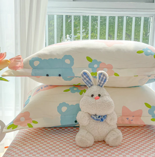 Bunny Bear Pink Yellow Blue Polyester Bedding Set