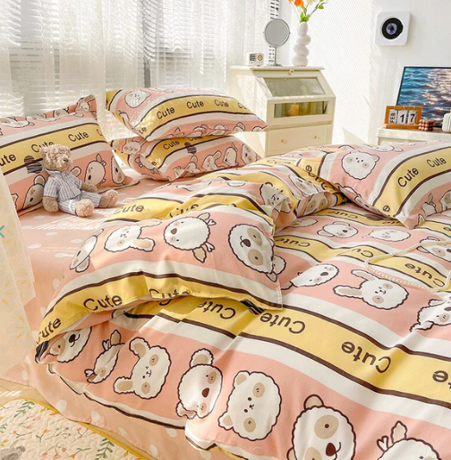 Bunny Bear Pink Yellow Blue Polyester Bedding Set