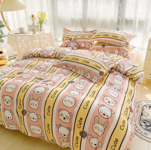 Bunny Bear Pink Yellow Blue Polyester Bedding Set