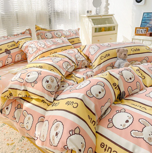 Bunny Bear Pink Yellow Blue Polyester Bedding Set