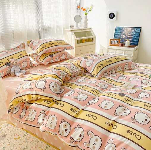 Bunny Bear Pink Yellow Blue Polyester Bedding Set