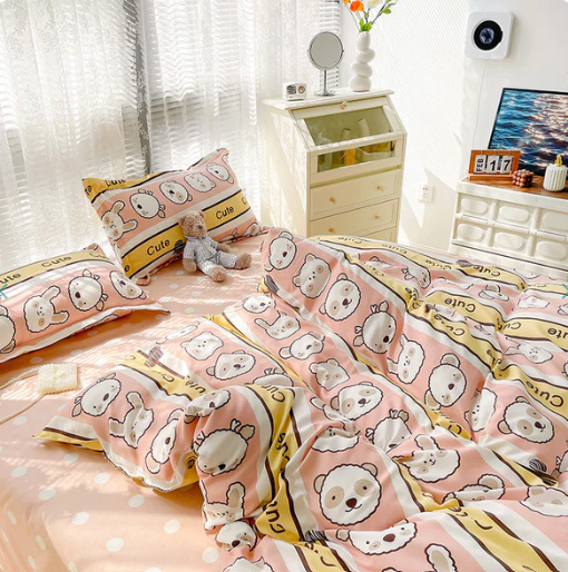 Bunny Bear Pink Yellow Blue Polyester Bedding Set