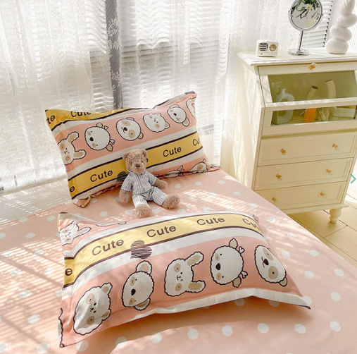 Bunny Bear Pink Yellow Blue Polyester Bedding Set