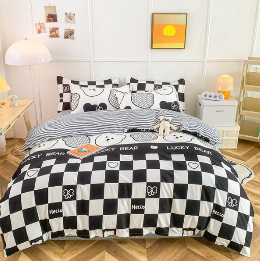 Gray Bear Checkered Bedding Set