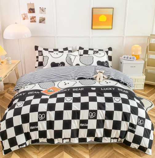 Gray Bear Checkered Bedding Set