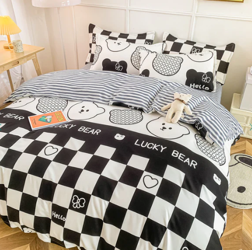 Gray Bear Checkered Bedding Set