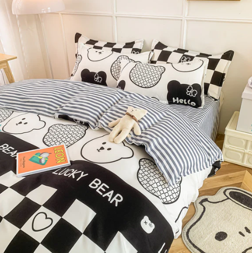 Gray Bear Checkered Bedding Set