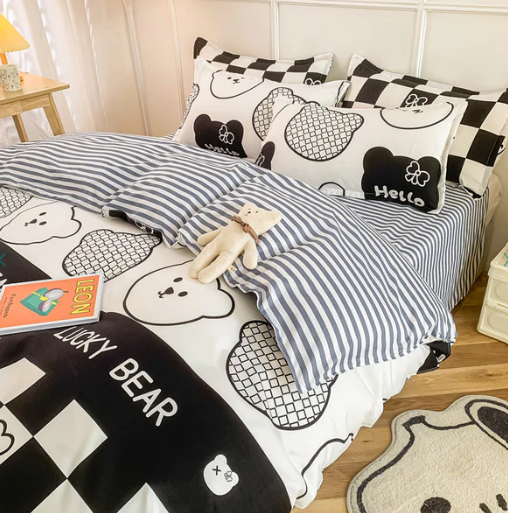 Gray Bear Checkered Bedding Set