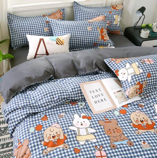 Checkered Blue and Bears on Grey Bedding Set