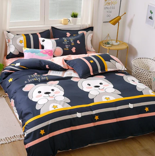 Navy Blue & Pink Puppy Print Bedding Set