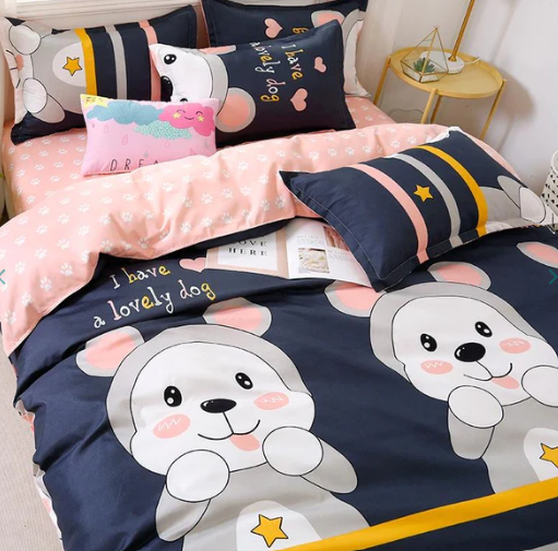 Navy Blue & Pink Puppy Print Bedding Set