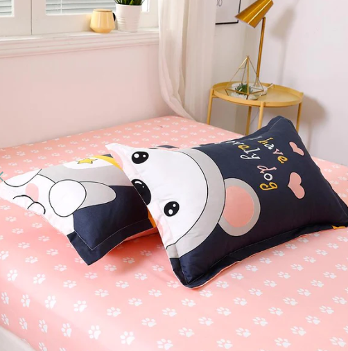 Navy Blue & Pink Puppy Print Bedding Set