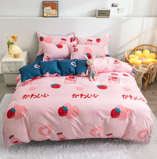 Japanese Strawberry Hearts Pink Cream Bedding Set