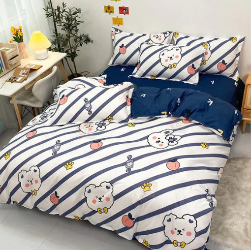 Navy White Striped Bear Peach Bedding Set