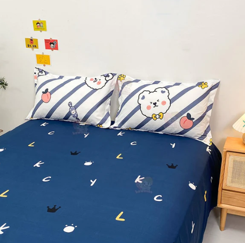 Navy White Striped Bear Peach Bedding Set