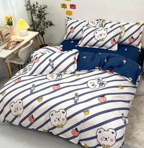 Navy White Striped Bear Peach Bedding Set