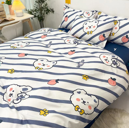 Navy White Striped Bear Peach Bedding Set