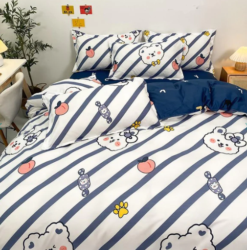 Navy White Striped Bear Peach Bedding Set