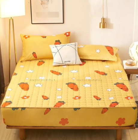 Yellow Carrot Bunnies Quilted Fitted Bedsheet