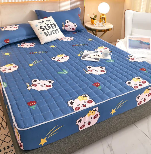 Blue Kawaii Bear Quilted Fitted Bedsheet