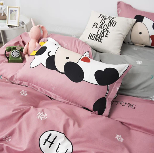 Cheerful "Hi" Cow Pink & Grey Bedding Set