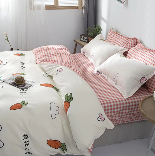 White Carrot & Mushrooms Print Bedding Set