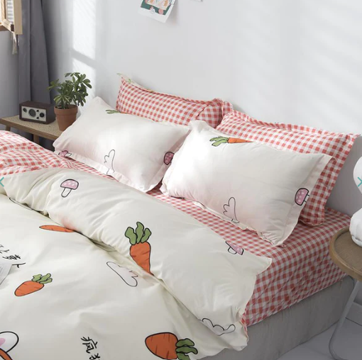 White Carrot & Mushrooms Print Bedding Set