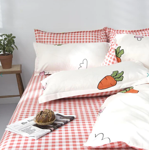 White Carrot & Mushrooms Print Bedding Set