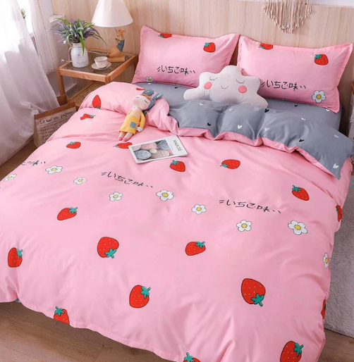 Kawaii Pink & Grey Strawberry Pattern Bedding Set