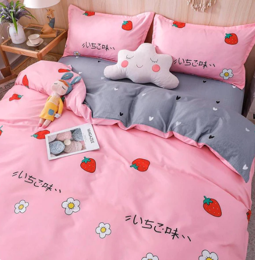 Kawaii Pink & Grey Strawberry Pattern Bedding Set