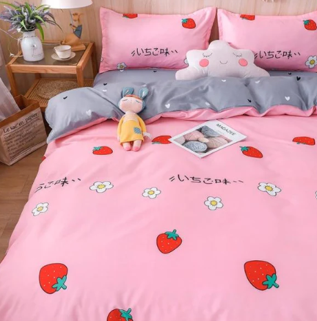 Kawaii Pink & Grey Strawberry Pattern Bedding Set