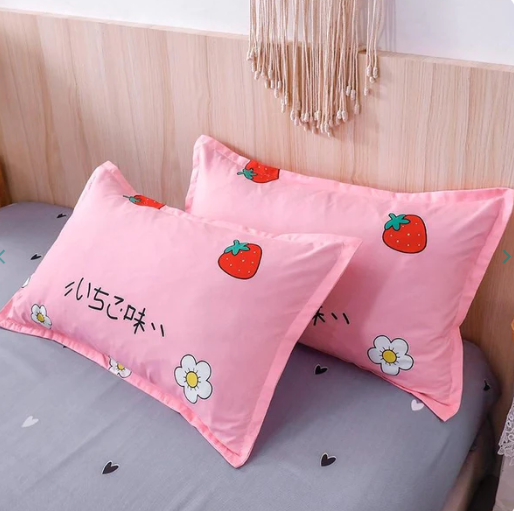 Kawaii Pink & Grey Strawberry Pattern Bedding Set