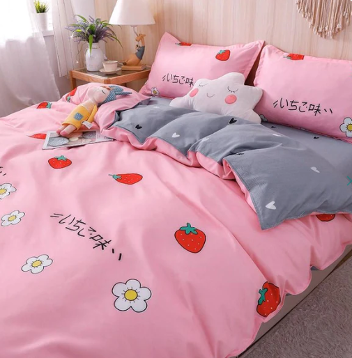 Kawaii Pink & Grey Strawberry Pattern Bedding Set