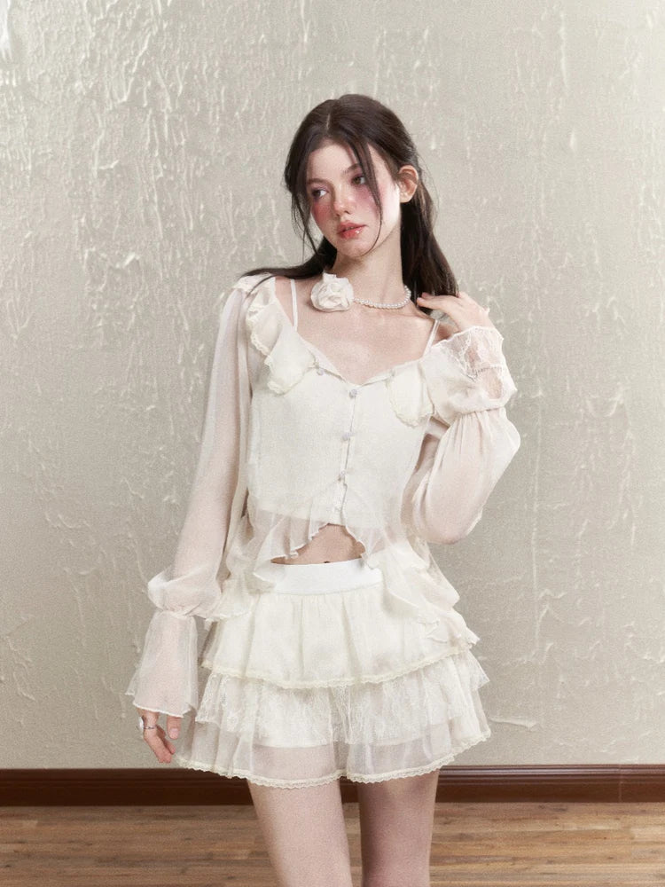 Sheer Frill Lace Feminine Blouse & Mini-Skirt