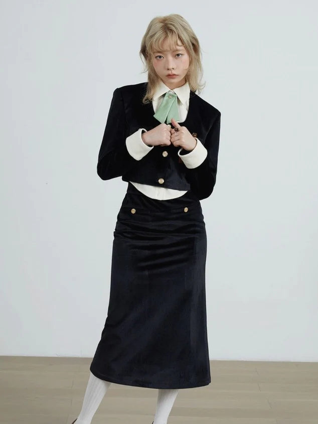 Velvet Fake Layered Jacket & Slim Skirt