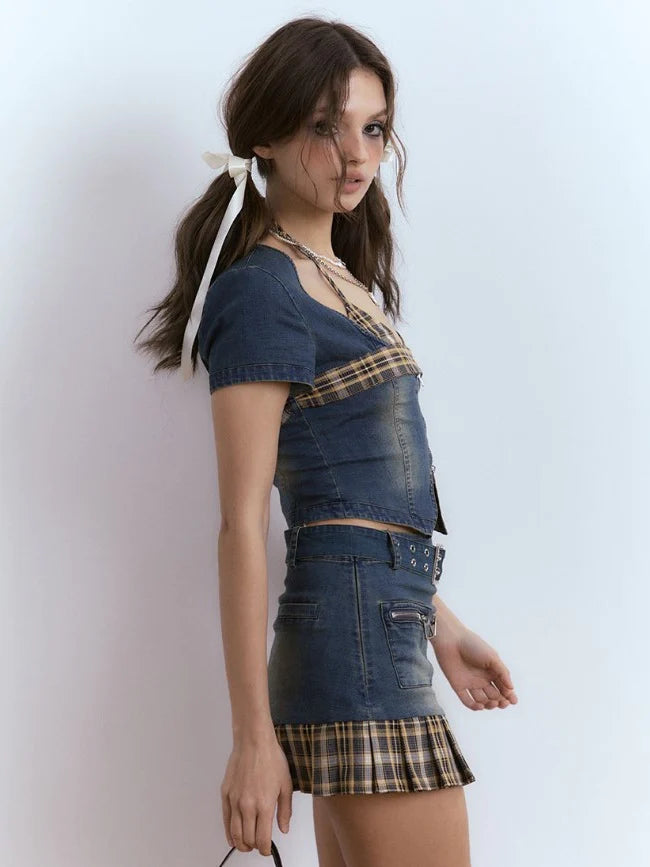 Plaid BRA & DENIM ZIP-UP TOP & PLEATED SKIRT - Outfit Ideas