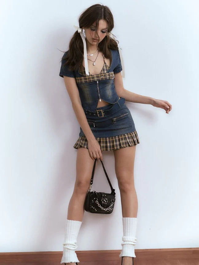 Plaid BRA & DENIM ZIP-UP TOP & PLEATED SKIRT - Outfit Ideas