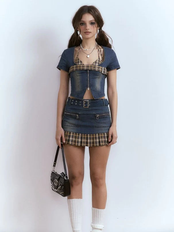 Plaid BRA & DENIM ZIP-UP TOP & PLEATED SKIRT - Outfit Ideas