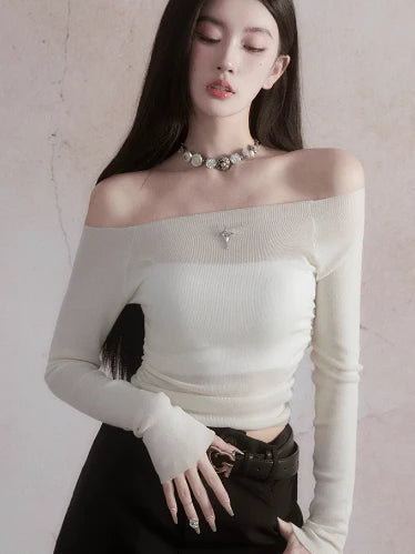 Off-Shoulder Knitted Bottoming T-shirt