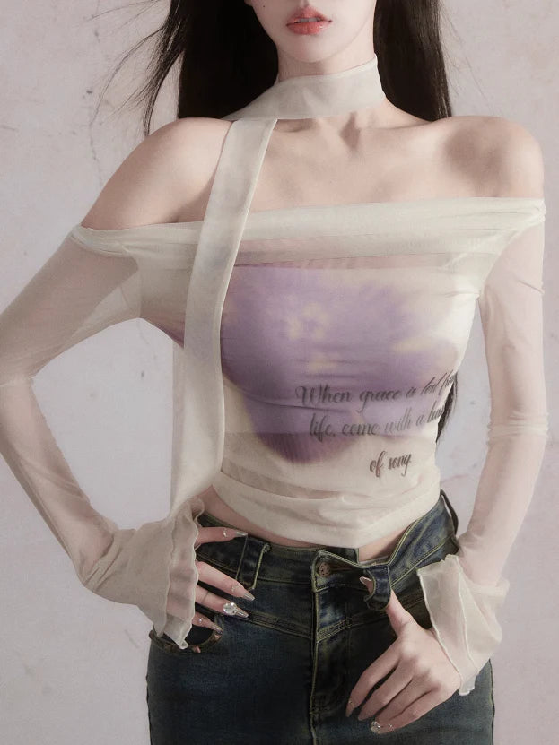 Rose Off Shoulder Mesh T-Shirt