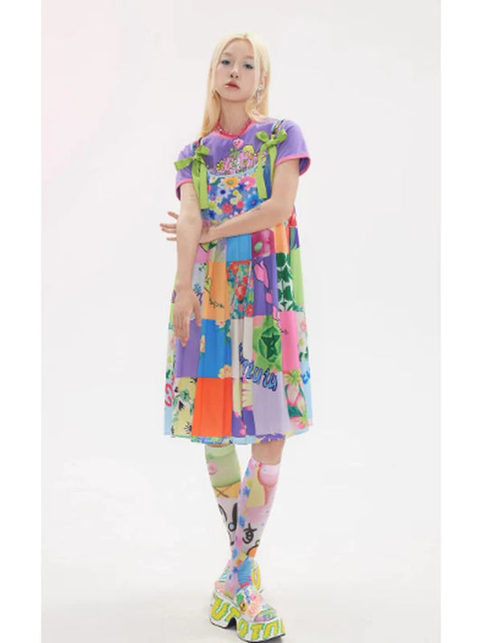 Stitching Print Color Strap Strap Dress