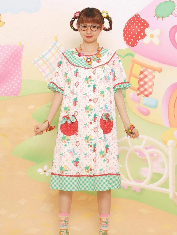 Strawberry Bear Print Loose One-piece- Simple Outfits