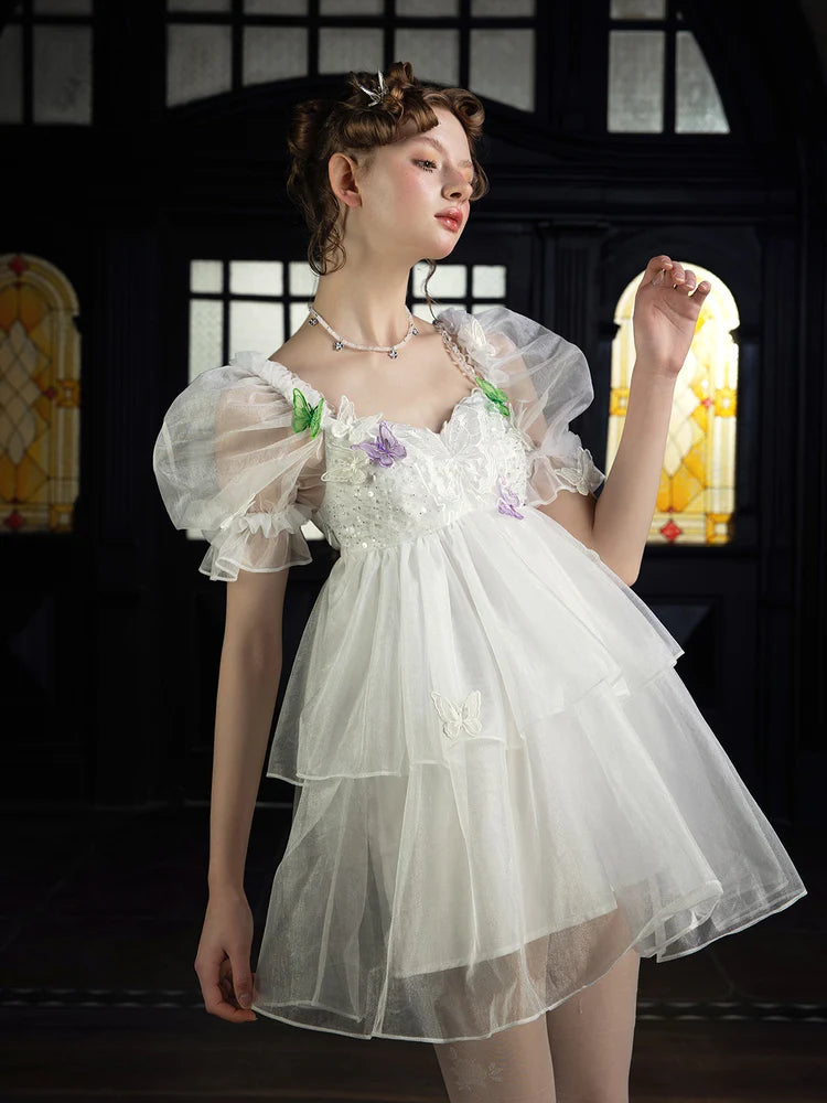 Three Dimensional Butterfly Puff Sleeve Dress